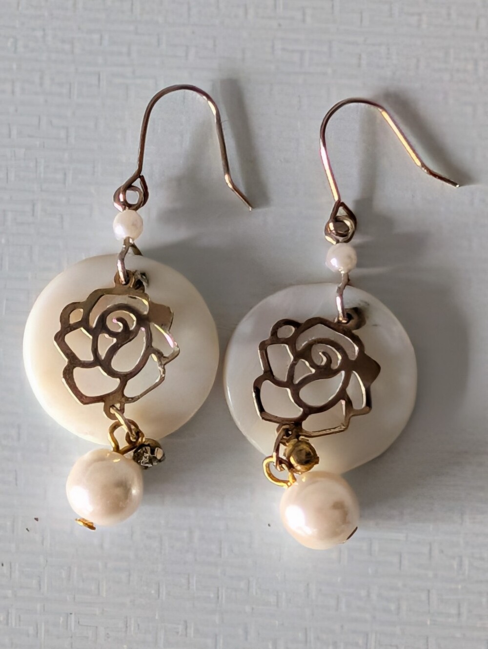 Mother of Pearl & Faux Pearl Rose Dangle Earrings - Picture 3 of 6